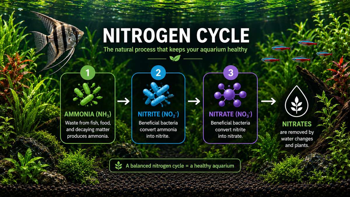Three stages of the aquarium nitrogen cycle from ammonia to nitrite and nitrate