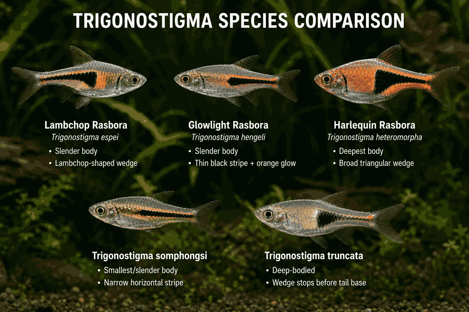 Five Trigonostigma species comparison showing harlequin, lambchop, glowlight, Somphong’s and truncated rasboras