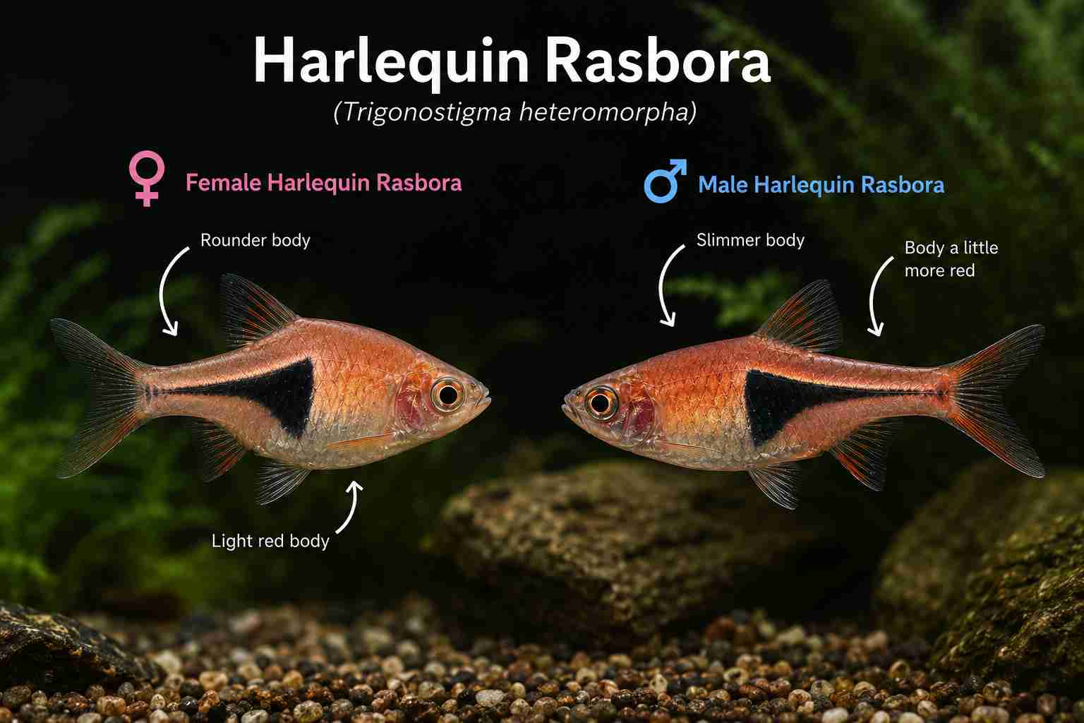 Male vs female Harlequin Rasbora (Trigonostigma heteromorpha) comparison showing differences in body shape and coloration
