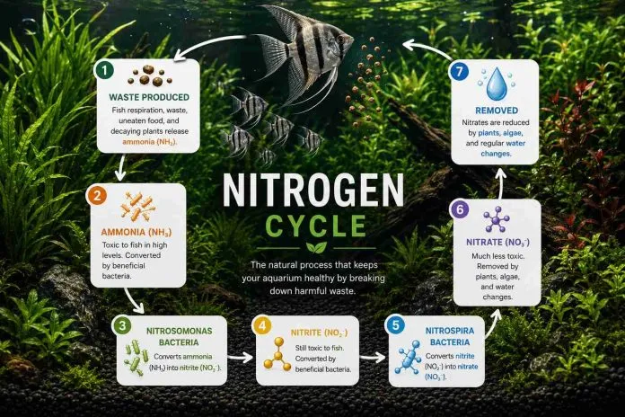 Aquarium nitrogen cycle diagram showing ammonia, nitrite, nitrate and waste removal in a planted fish tank