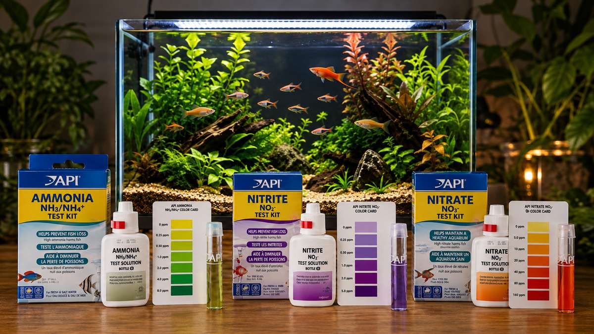Aquarium ammonia, nitrite and nitrate test kits in front of a planted freshwater aquarium