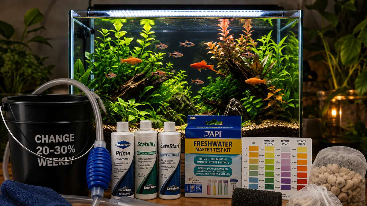 Aquarium maintenance supplies for a water change and maintaining biological filtration