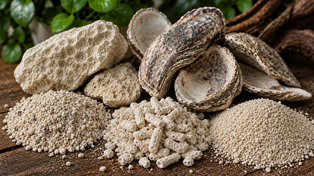 Crushed coral, oyster shells and aragonite used to raise aquarium KH