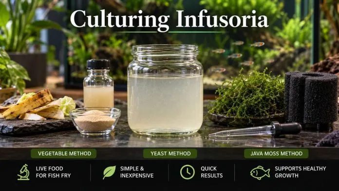 Culturing infusoria feature image showing a live food culture jar with yeast, vegetables, banana peel and Java moss in front of a planted aquarium
