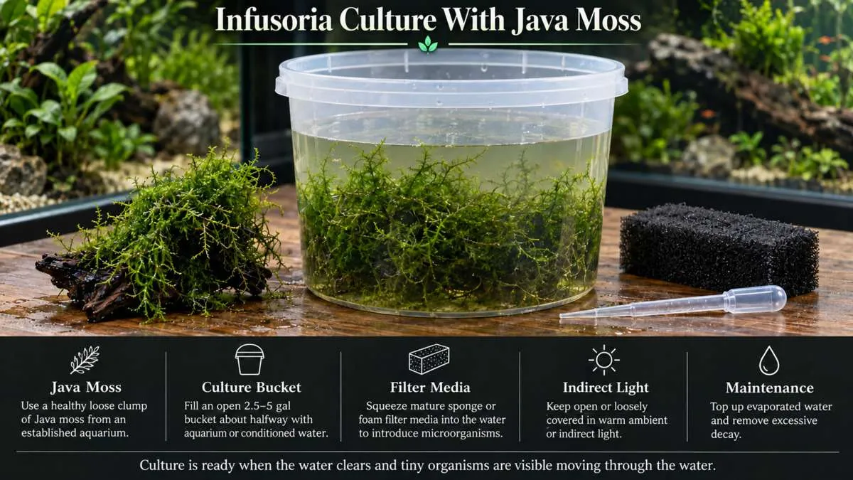 Infusoria culture with Java moss showing a culture container, mature filter media and dropper for fish fry food