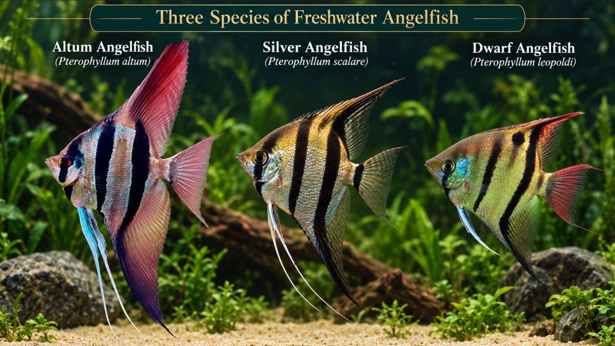 Freshwater angelfish species comparison showing altum (Pterophyllum altum), silver (Pterophyllum scalare) and dwarf angelfish (Pterophyllum leopoldi).