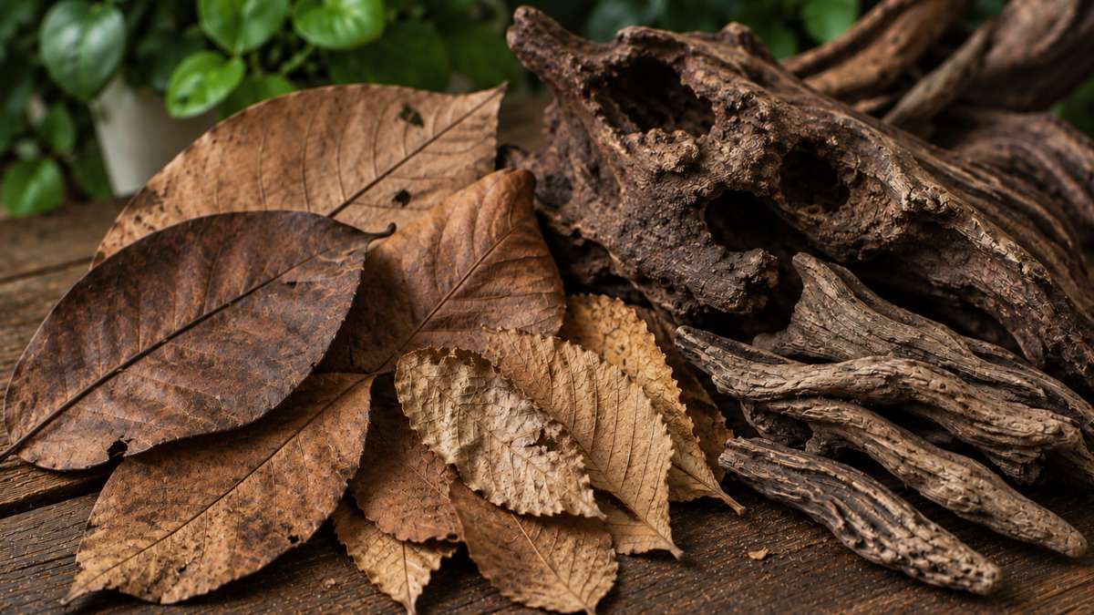 Indian almond leaves, beech leaves and driftwood used to release tannins and lower aquarium KH