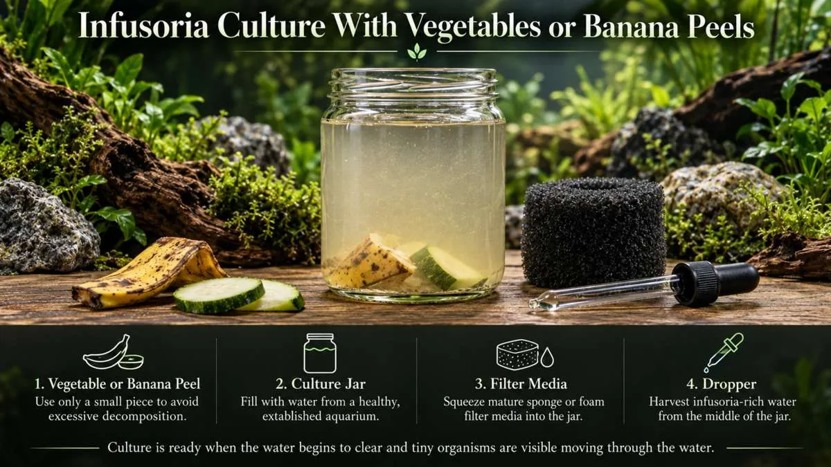 Infusoria culture with vegetables or banana peel showing a culture jar, mature filter media and a dropper for fish fry food