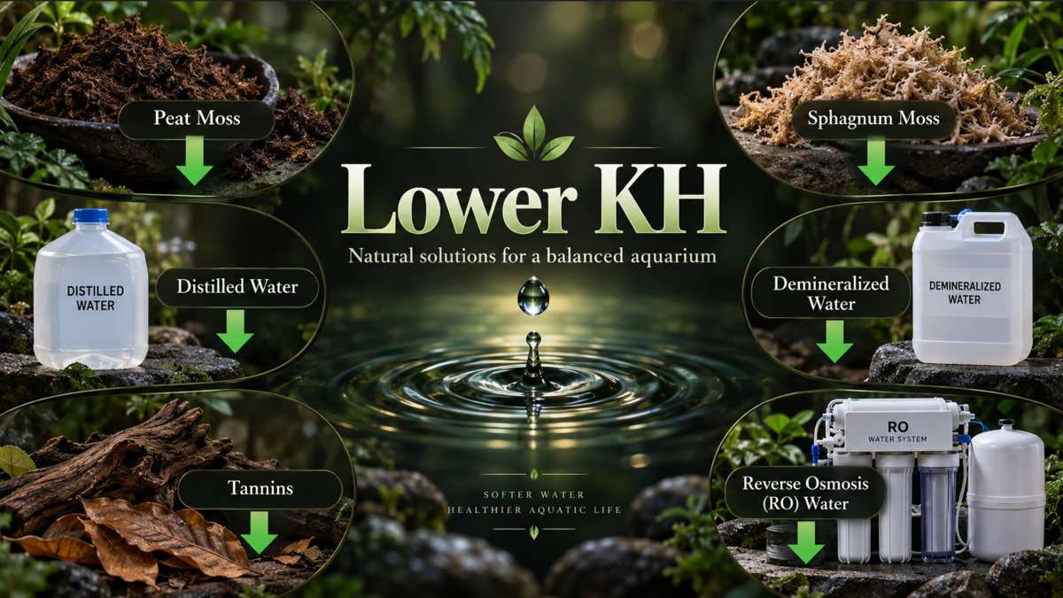 Methods for lowering aquarium KH, including peat moss, sphagnum moss, tannins, distilled water, demineralized water and reverse osmosis water