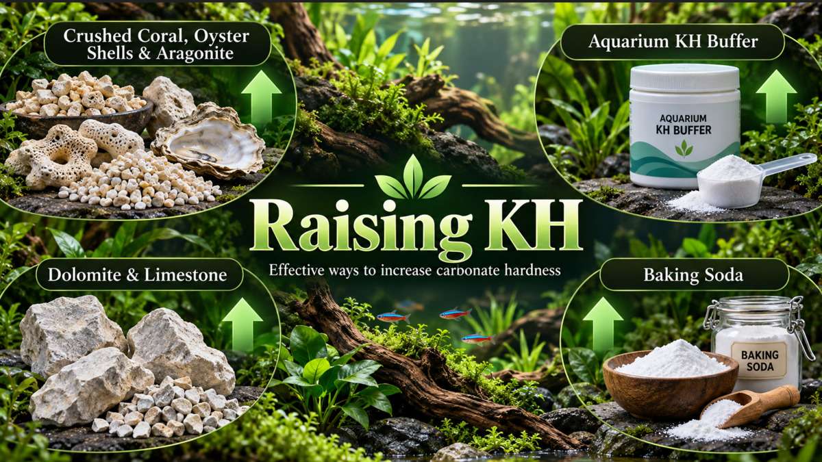 Methods for raising aquarium KH, including crushed coral, oyster shells, aragonite, dolomite, limestone, KH buffer and baking soda