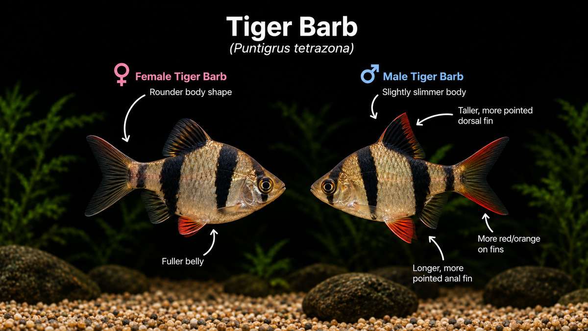 Male vs female tiger barb comparison showing differences in body shape, fins and coloration