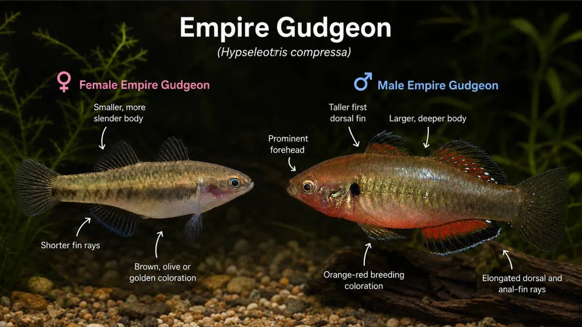 Male and female empire gudgeon differences in body shape, fins and coloration