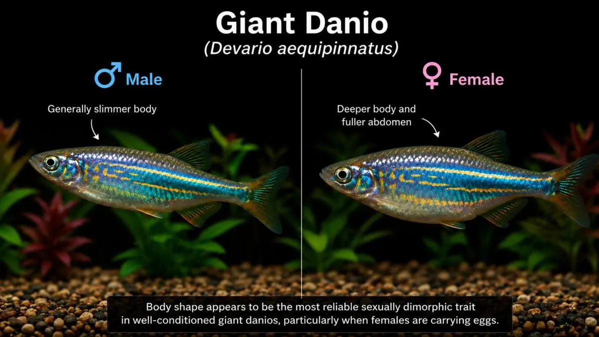 Male vs female giant danio comparison showing the slimmer male and fuller-bodied female