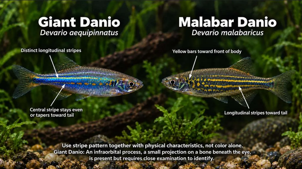 Giant danio vs Malabar danio comparison showing differences between Devario aequipinnatus and Devario malabaricus