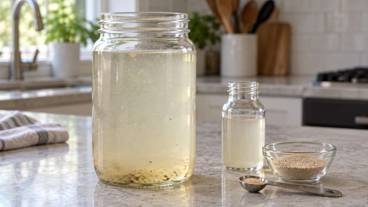 Glass jar of infusoria culture on a sunlit kitchen island