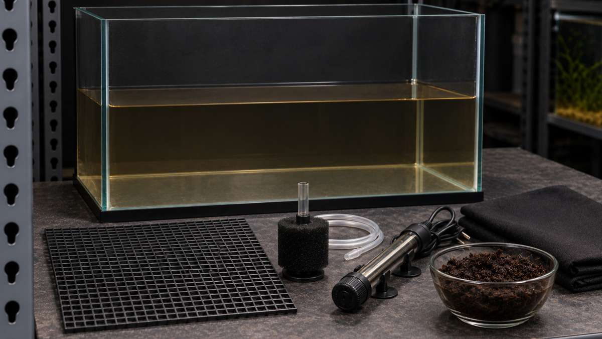 Cardinal tetra breeding tank half-filled with water, with mesh, sponge filter, heater, peat moss, and blackout cover arranged in front.