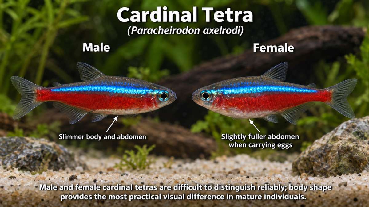 Cardinal tetra male vs female comparison showing differences in body shape and abdomen size
