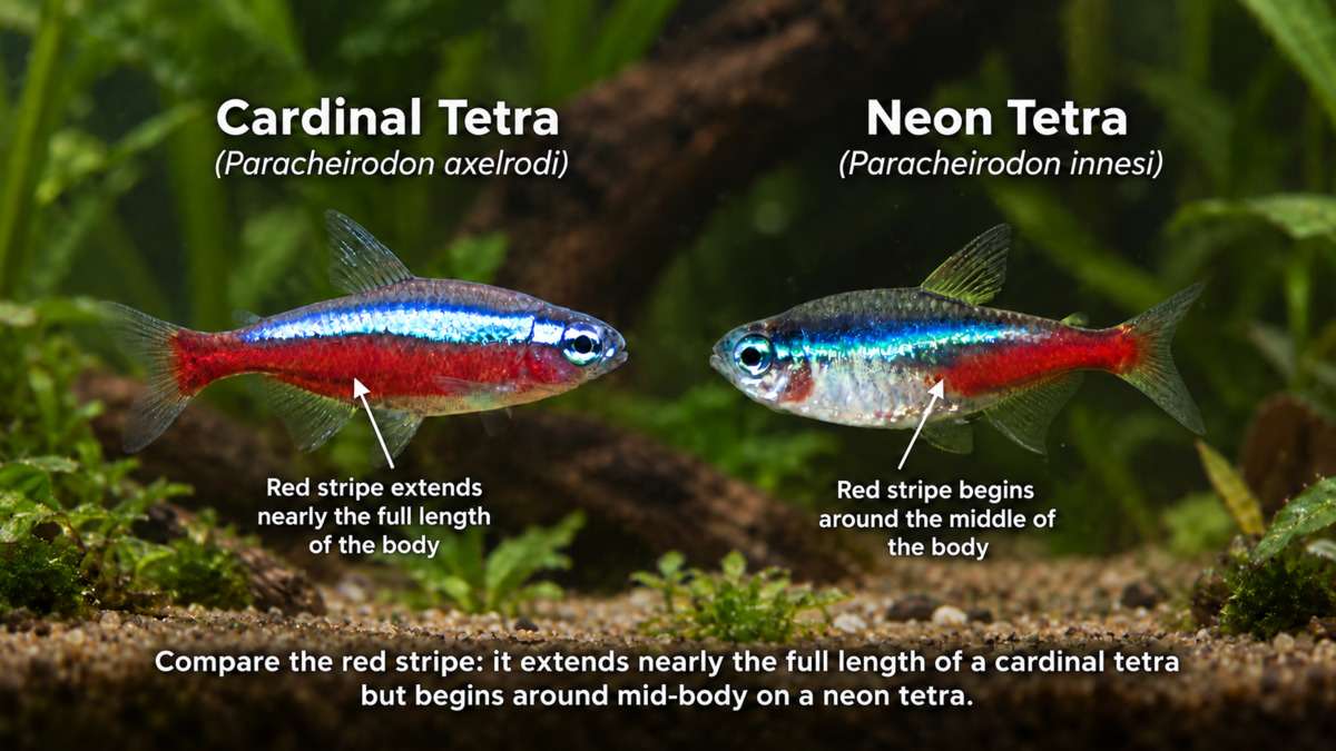 Cardinal tetra vs neon tetra comparison showing differences in the length of their red stripes
