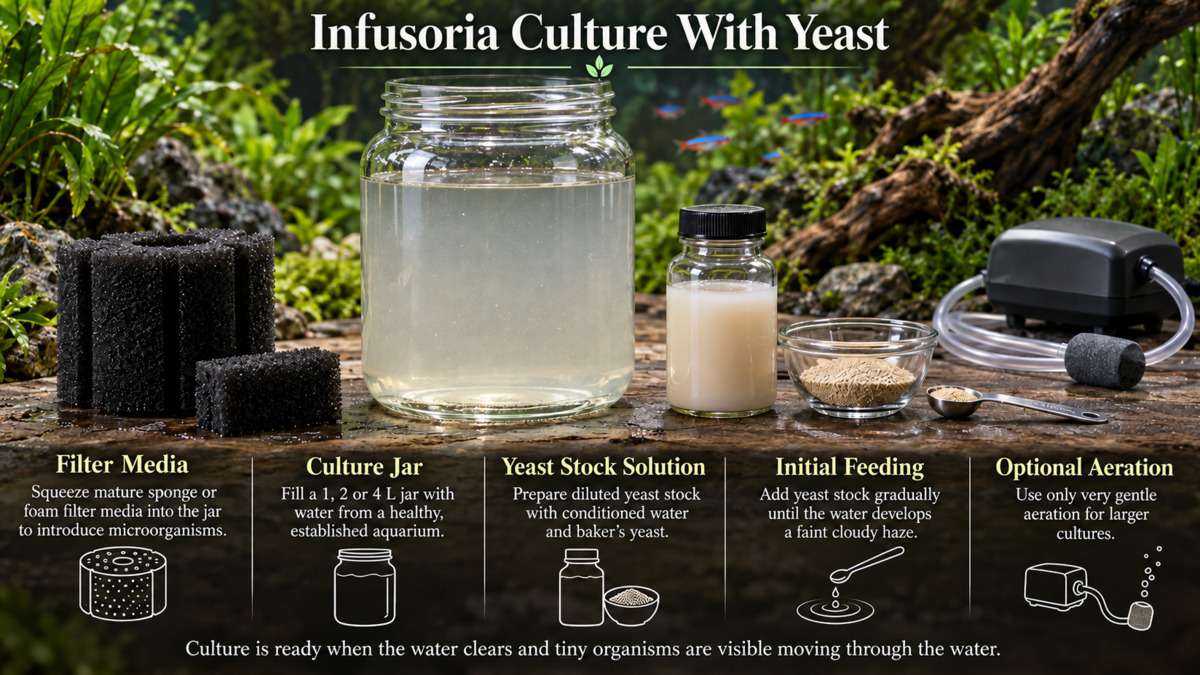 Infusoria culture with yeast showing a culture jar, yeast stock solution, filter media and optional aeration