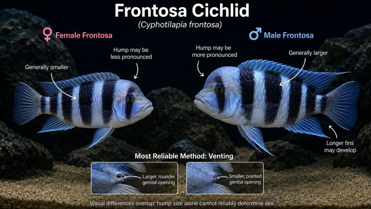 Male and female frontosa cichlids showing differences in size, body shape, and genital papilla