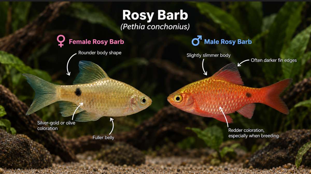 Male and female rosy barb comparison showing differences in body shape, coloration and fin markings.