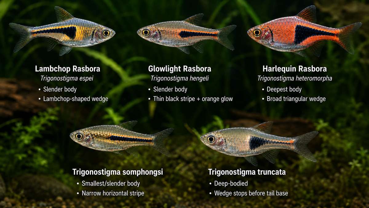 Species comparison of five Trigonostigma rasboras: harlequin, lambchop, glowlight, Somphong’s and truncated rasbora.